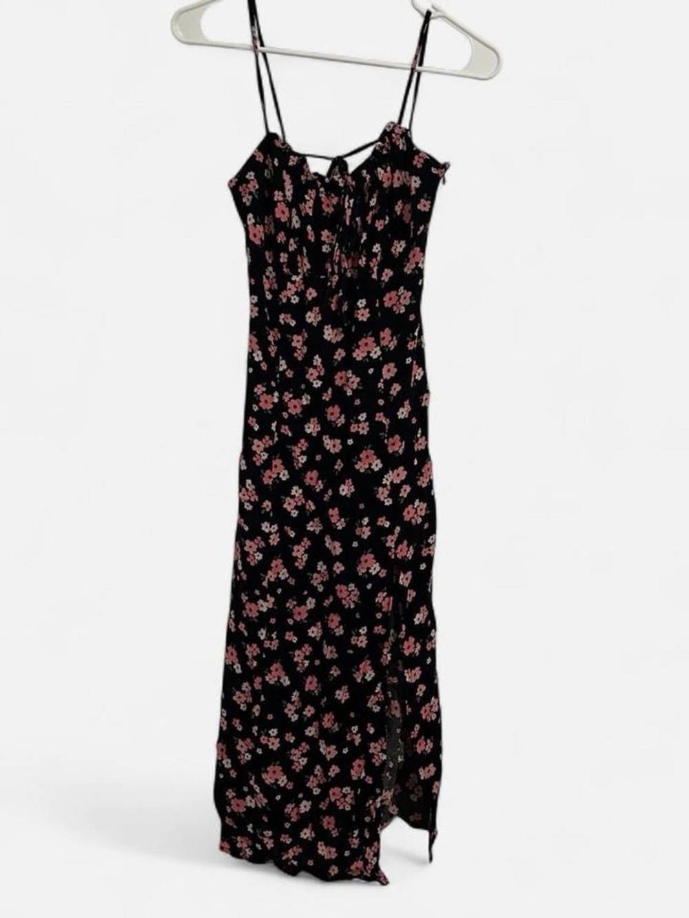 Open Back Black with Pink Floral Print Women’s Maxi Leg Slit Dress (S)